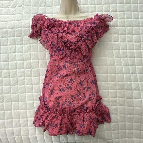 MAJORELLE Women Dress XXS Pink Floral Mini Grace Ruffle Chiffon Feminine Romance - Picture 1 of 11